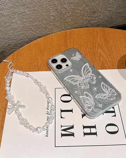 Compatible with iPhone 12 Case PC+TPU Glitter Butterfly Pattern Print, Stylish Design, with Bracelet Wrist Strap, Shockproof, Anti-Drop Case, for Women and Girls