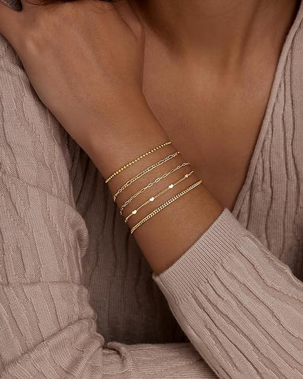 Gold Bracelets Set for Women Stack, Dainty Thick Bracelets Stack for Women Trendy, Simple Thin Gold Plated Cuff Stackable Bracelets With Beaded Cuban Paperclip Snake Rope Bangle Hand Chain Jewelry Gifts for Women Non Tainish