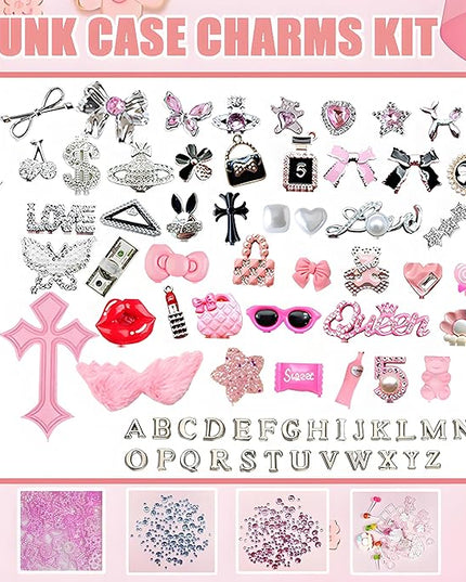Sutesloly Junk Case Charms Kit, Pink y2k Glitter Phone Case Charm with Storage Box, Kawaii DIY Accessories for Bags, Shoes, Crafts,Cute Bow,Resin Flat Bottomed Drill,Star Letters,Butterfly