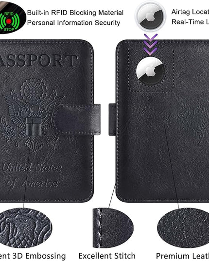 Airtag Passport Holder Cover Wallet Travel Essentials Leather RFID Blocking Case Vacation Luggage Must Haves Travel Accessories for Men Women (117#Black)