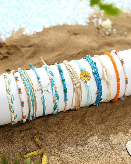 LOLIAS 24 Pieces Waterproof String Bracelets for Women Surfer Wave Boho Bracelet Adjustable Handmade Friendship Bracelet String Ocean Beach Boho Bracelets Anklets for Women