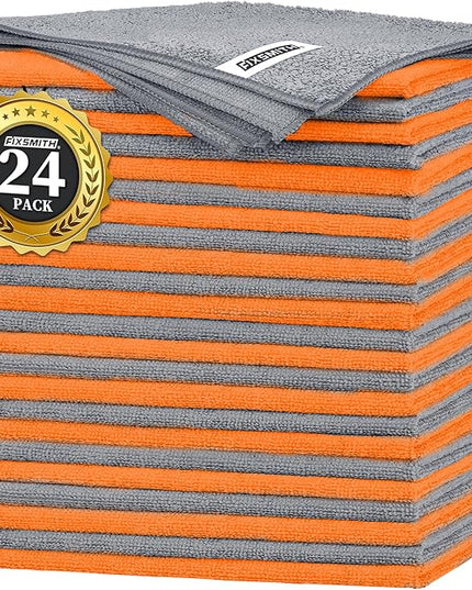 FIXSMITH Microfiber Cleaning Cloth -Pack of 24, Highly Absorbent Cleaning Rags(Grey&Orange), 16"X12" All Purpose Cleaning Towels for Housekeeping, Kitchen, Car, Reusable Microfiber Towels