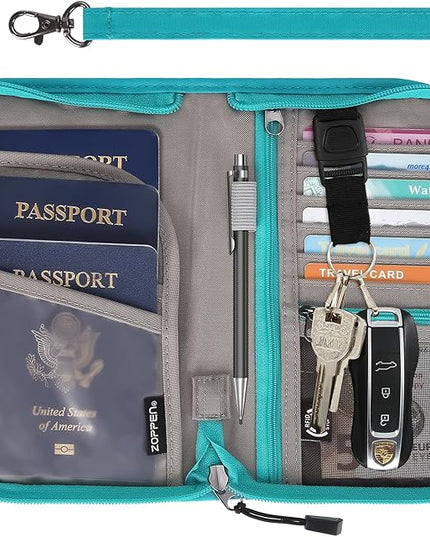 ZOPPEN Passport Holder Family RFID Passport Wallet, Passport Holder Women/Men, Travel Wallet Documents Organizer Zipper Case with Removable Wristlet Strap, Travel Essentials for Flying
