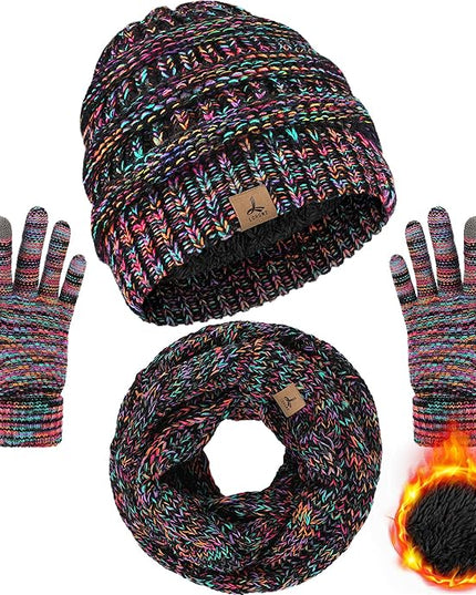 Winter Beanie Hat Scarf Gloves, Warm Fleece Knit Hats Touch Screen Gloves Neck Scarf Set Winter Gifts for Unisex Adult