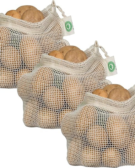 Reusable Mesh Produce Bags made from 100% Organic Cotton - 12"x10", Perfect Reusable Net Vegetable Bags - Washable Fruit, Vegetable & Produce Sacks (3 Medium)