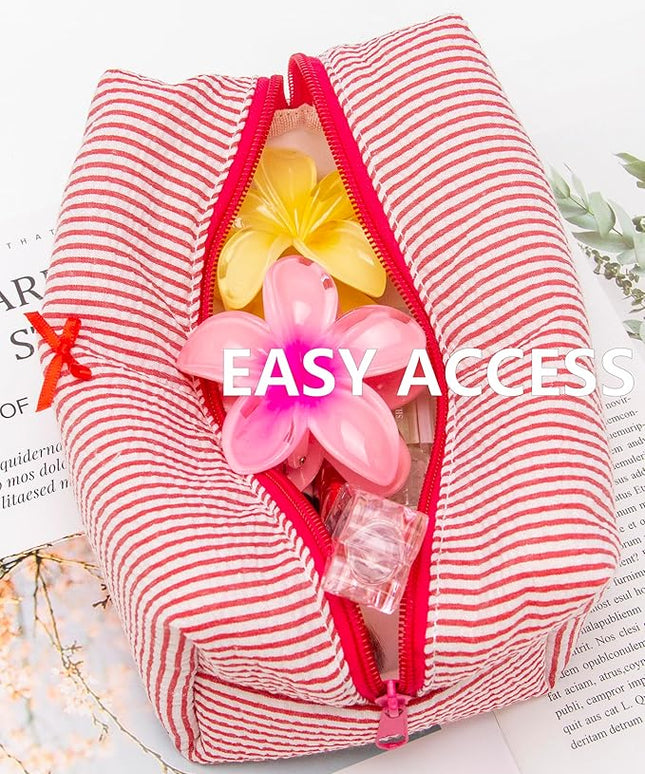 PAZIMIIK 6PCS Cozy Makeup Bag Small Aesthetic Travel Zipper Cosmetic Pouch for Women Make Up Beauty Accessories Brushes, Stripe Red