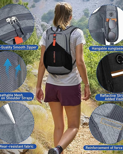FIORETTO 15L Hiking Backpack for Women Men Mini Packable Backpack Lightweight Small Daypack for Camping Travel Outdoor, Grey and Black