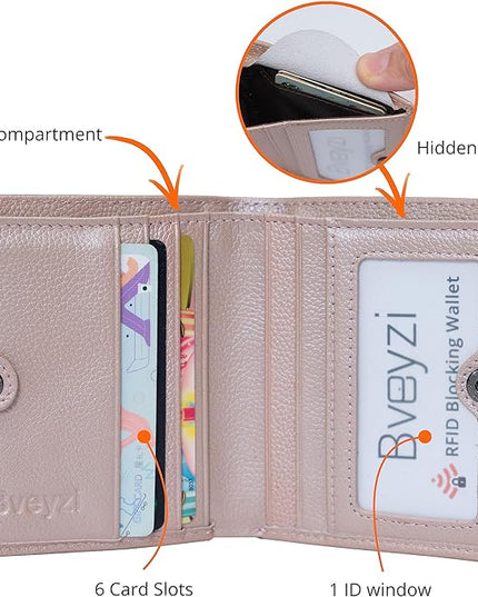Bveyzi Ultra Slim Small RFID Wallet for Women, Leather Tiny Thin Bifold Pocket Ladies Wallet