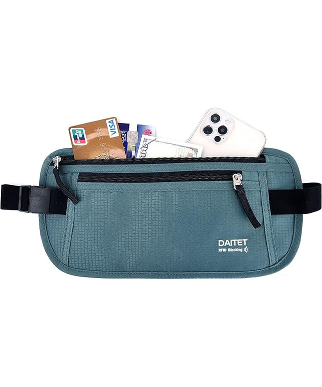 RFID Blocking Money Belt for Men Women, Slim Fanny Pack for Travel，Running,Conceal Waist Wallet for Passport Holder,Phone,Cash(Turquoise)
