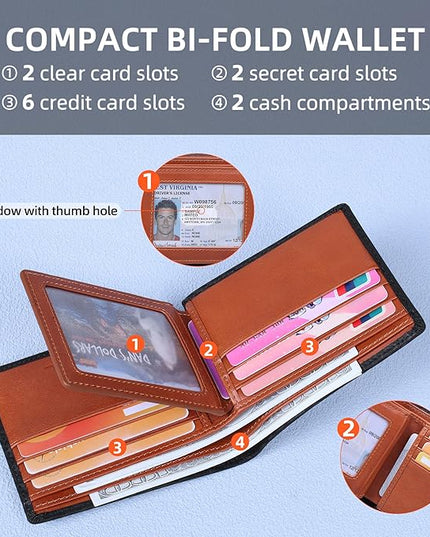 VISOUL Mens Bifold Wallet with 2 ID Windows Carbon Fiber Leather, RFID Blocking Wallet with 2 Money Compartments, Stylish Two-tone Back Pocket Wallet for Men (Black+Orange)