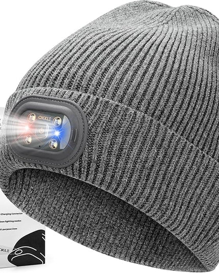 OKKLE Unisex LED Beanie with Light, USB Rechargeable Headlamp Hat, Winter Gifts for Men Women Husband Him Grey