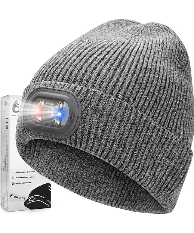 OKKLE Unisex LED Beanie with Light, USB Rechargeable Headlamp Hat, Winter Gifts for Men Women Husband Him Grey