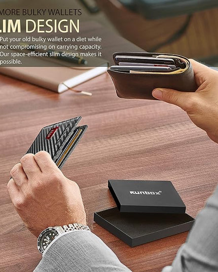 RUNBOX Slim Wallet for Men Genuine Leather RFID Blocking Bifold Minimalist Front Pocket Mens Wallet with Money Clip Thin Gift Box