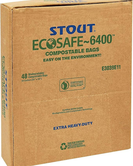 Stout by Envision Ecosafe-6400 Bags, 13 Gal, 0.85 Mil, 24" X 30", Green, 45/box