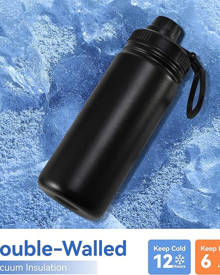 DOMICARE 16 oz Kids Water Bottle for School Stainless Steel Double Wall Vacuum Insulated Water Bottle with Straw lids & Spout Lid, Leakproof BPA Free （Black,8)