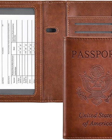 HerriaT Passport and Vaccine Card Holder Combo,Cover Case with CDC Vaccination Card Slot, Leather Travel Documents Organizer Protector, with RFID Blocking, for Women and Men