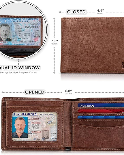 SERMAN BRANDS 2 ID Window Wallet for Men RFID Blocking Leather, Bifold Top Flip, Extra Capacity Travel Wallet
