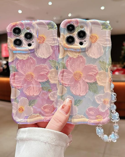 Purple Wavy Case for iPhone 12 Pro | Curly Protection Frame, Vintage Glossy Oil Painting Floral Print, with Lovely Bead Chain, for Grils and Women