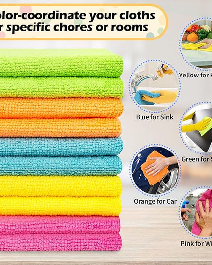 FIXSMITH Microfiber Cleaning Cloth, 50 Pack Cleaning Rags, Cleaning Towels for Housekeeping, Kitchen, Car, Lint-Free, Reusable Shop Towels with 5 Colors (Green/Blue/Yellow/Orange/Pink), 12"X12"