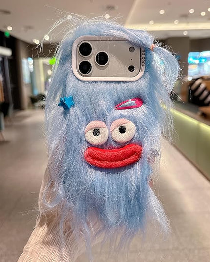 for iPhone 17 Case,Funny and Silly Weird Furry Phone Cases [DIY Long Hair with Hairclip] Ugly Phone Case Swap Challenge Gifts with Friends (Blue)
