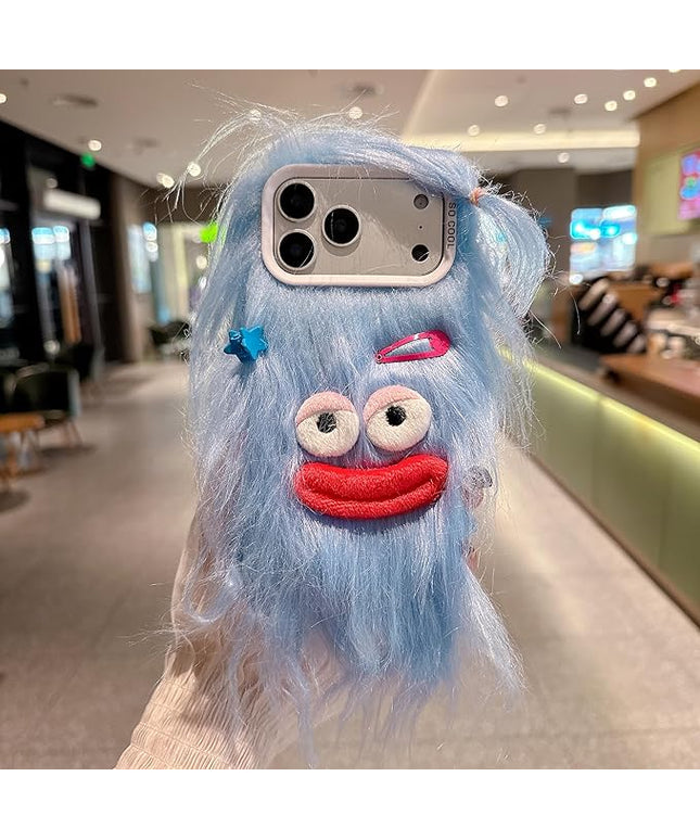 for iPhone 17 Pro Case,Funny and Silly Weird Furry Phone Cases [DIY Long Hair with Hairclip] Ugly Phone Case Swap Challenge Gifts with Friends (Blue)
