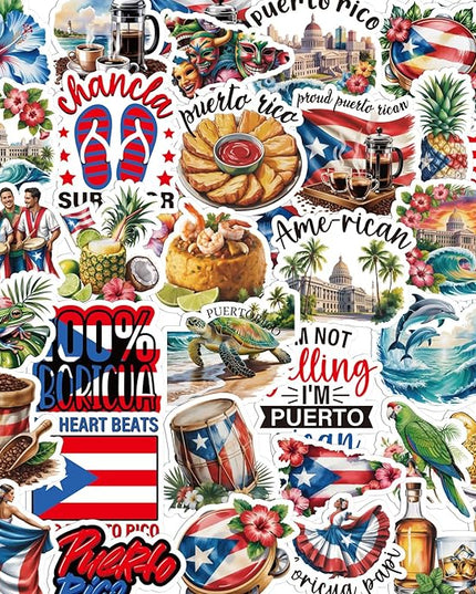Puerto Rico Stickers for Adults- 50 Pcs Puerto Rico Travel Souvenirs Water Bottle Stickers, Flag Landmark Waterproof Scrapbook Decals, Vinyl Sticker for Laptop Journaling Guitar