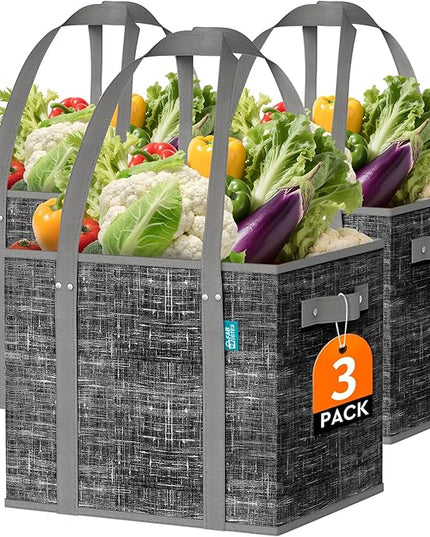 Fab totes Reusable Grocery Bags, Large Foldable Shopping Tote Bags with Reinforced Handles & Hard Bottom,3 Pack,Black
