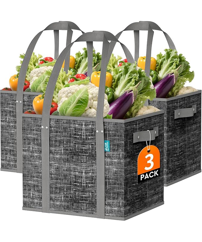 Fab totes Reusable Grocery Bags, Large Foldable Shopping Tote Bags with Reinforced Handles & Hard Bottom,3 Pack,Black