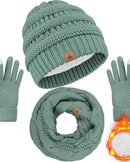 Winter Beanie Hat Scarf Gloves, Warm Fleece Knit Hats Touch Screen Gloves Neck Scarf Set Winter Gifts for Unisex Adult