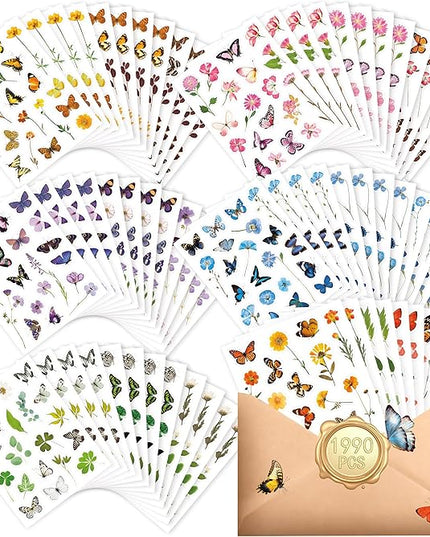 1990 PCS PVC Flower & Butterfly Stickers, Self-Adhesive Nature Floral Stickers for Scrapbook, Laptop, Journal, DIY Project, Spring-Themed Party Decors