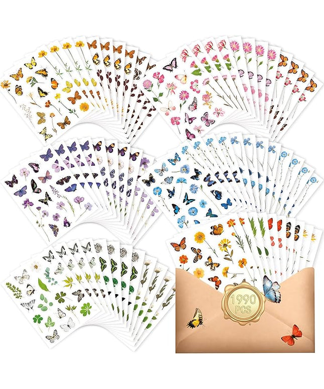 1990 PCS PVC Flower & Butterfly Stickers, Self-Adhesive Nature Floral Stickers for Scrapbook, Laptop, Journal, DIY Project, Spring-Themed Party Decors