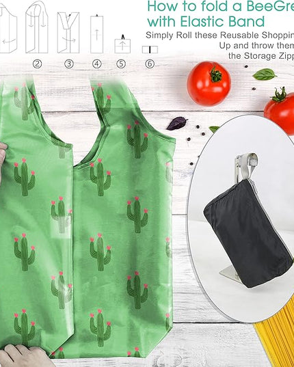 BeeGreen Geometry Reusable Grocery Bags Bulk 6 Packs X-Large, Reusable Shopping Bags Foldable for Groceries, Vegetables, Fruits Watertight Bulk Tote Bags (Cactus Rainbow Polka Dot Red Rose