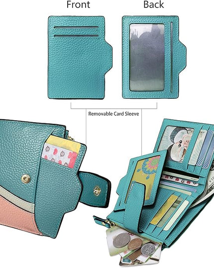 AINIMOER Women's RFID Blocking Leather Small Compact Bi-fold Zipper Pocket Wallet Card Case Purse with id Window