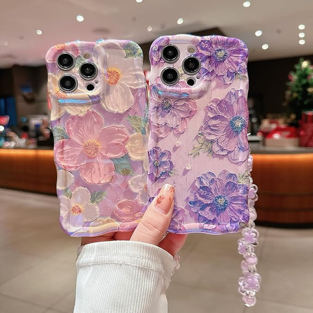 for iPhone 17 Air Wavy Case, Curly Protection Frame，Vintage Glossy Oil Painting Floral Print， with Lovely Bead Chain for Grils and Women (Purple)