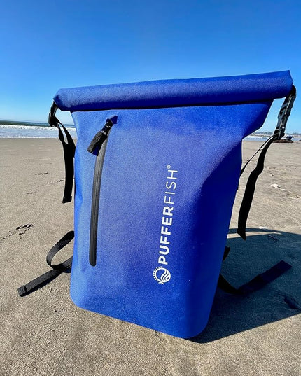 PUFFERFISH Super Sand Bag - Waterproof Roll-Top Beach Backpack, Padded Back and Straps, Multiple Pockets, Recycled Plastic, 35L, Blue