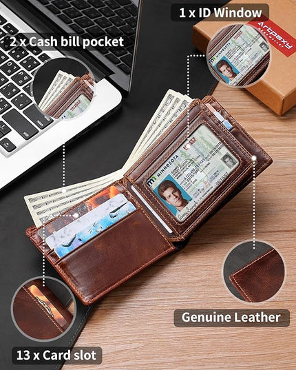Artpaxy Mens Wallet Bifold Genuine Leather RFID Blocking Wallet for Men with 1 ID Windows 13 Card Holders 2 cash pockets 1 Gift Box