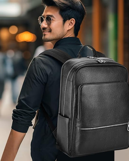 Large Black Leather Backpack for Men, Minimalist Luxury Executive Computer Backpack for Men, 17.3 Inch Genuine Leather Laptop Backpack for Travel Work Business