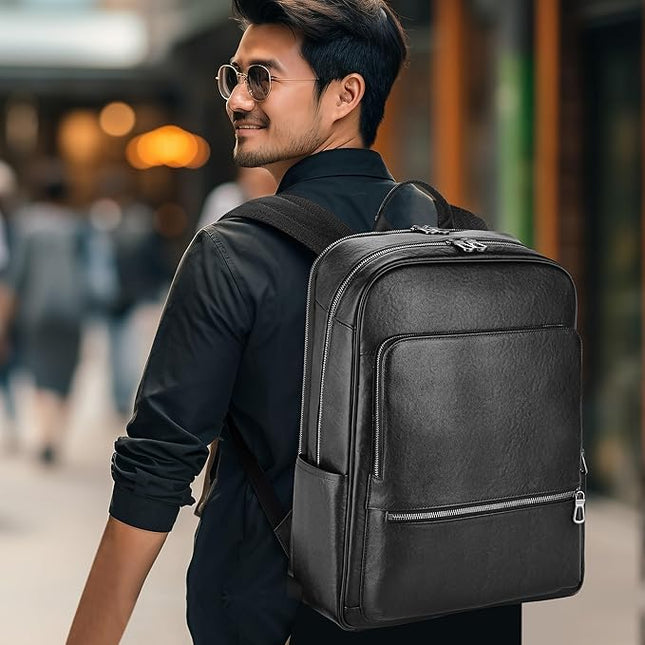 Large Black Leather Backpack for Men, Minimalist Luxury Executive Computer Backpack for Men, 17.3 Inch Genuine Leather Laptop Backpack for Travel Work Business