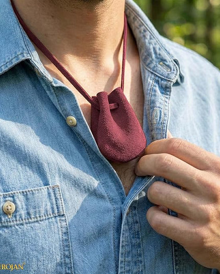 Mythrojan Small Trinket Pouches Suede Leather Drawstring Coin & Dice Bags for LARP, SCA, Viking & Medieval Events (Wine Red - Pack of 2)