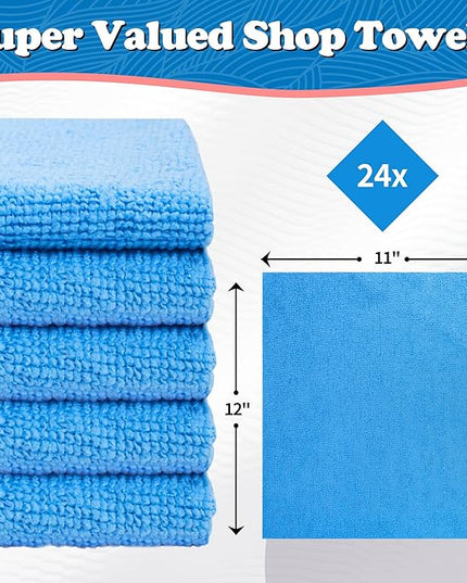 FIXSMITH Microfiber Cleaning Cloth, Shop Towels Bulk, 24 Pack Blue Microfiber Towels for Cars, All-Purpose Absorbent Cleaning Rags, Dust Cloth for Automotive, Mechanic, Garage, Bar, 12 x 11 inch