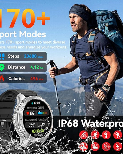 KPEP GPS Military Smart Watches for Men with 2 Straps, 1.43" AMOLED, LED Flashlight, IP68 Waterproof Smartwatch, Make & Answer Calls, 170+ Sports Modes, Compass, Fitness Tracker Watch for iOS Android