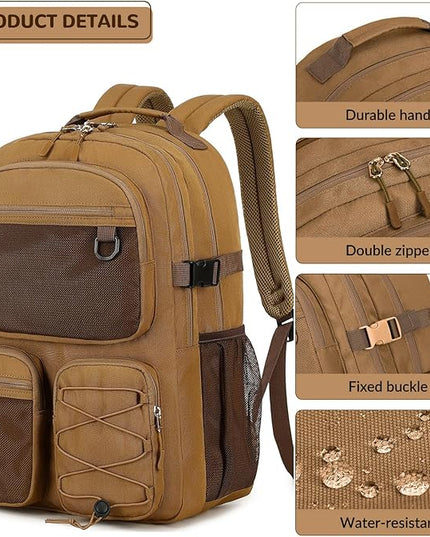 Lohol Water Resistant Daypack with Mulitiple Pockets for Travel Outdoor College, 15.6 inch Laptop Backpack for Men and Women (Brown)