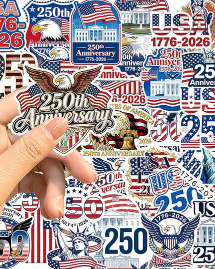 50Pcs 250th Anniversary Sticker USA 250 Years of Freedom Anniversary Waterproof Vinyl Decals for Laptop,Water Bottle, Phone, Luggage,Car