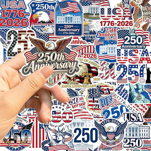 50Pcs 250th Anniversary Sticker USA 250 Years of Freedom Anniversary Waterproof Vinyl Decals for Laptop,Water Bottle, Phone, Luggage,Car