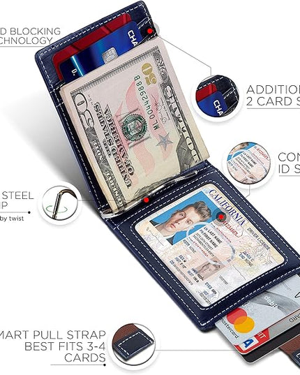 SERMAN BRANDS RFID Blocking Slim Bifold Genuine Leather Minimalist Front Pocket Wallets for Men with Money Clip Thin Mens