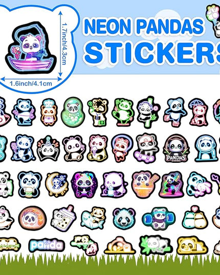 Glow in The Dark Neon Panda Water Bottle Stickers for Kids，75 Pcs Cartoon Animal Vinyl Laptop Decals, Teens Girls Boys Adults Phone Case Skateboard Luggage Decor