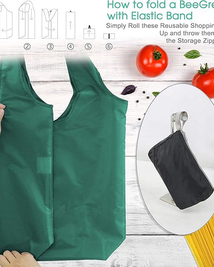 BeeGreen Reusable Bags for Shopping Machine Washable 12 Pack Xlarge Grocery bags Reusable Heavy Duty Folding with Elastic Band Colorful Tote Gift Bags Lightweight Durable Polyester