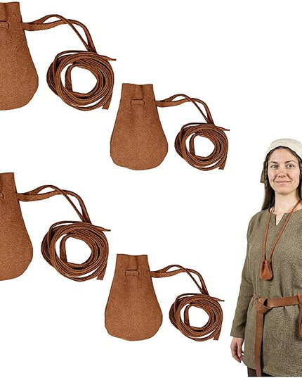 Mythrojan Small Trinket Pouches Suede Leather Drawstring Coin & Dice Bags for LARP, SCA, Viking & Medieval Events (Brown - Pack of 4)