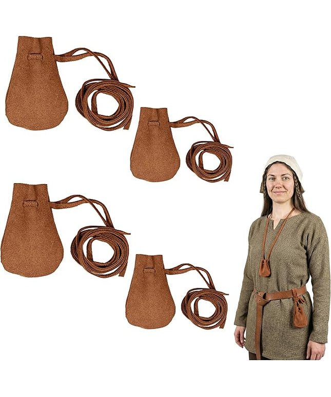Mythrojan Small Trinket Pouches Suede Leather Drawstring Coin & Dice Bags for LARP, SCA, Viking & Medieval Events (Brown - Pack of 4)