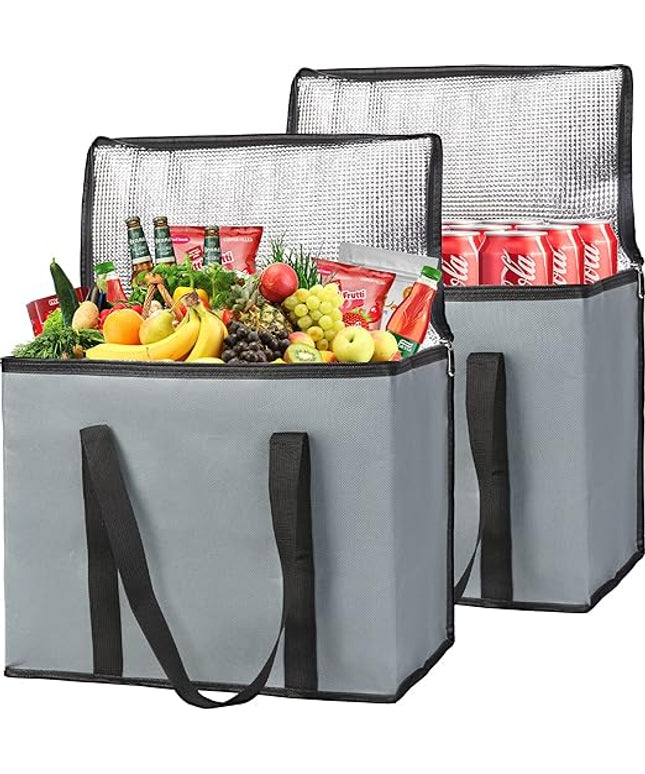 CIVJET Insulated Grocery Shopping Bags, X-Large Food Delivery Bag for Delivery Drivers, Reusable Tote Cooler Bag for Travel, Dark Gray, 2-Pack